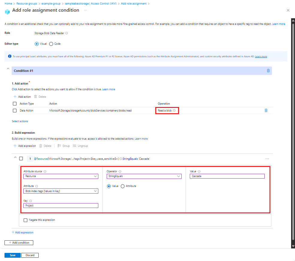 Azure 门户中条件编辑器的屏幕截图,显示了对带有 Blob 索引标记的 Blob 进行读取访问。