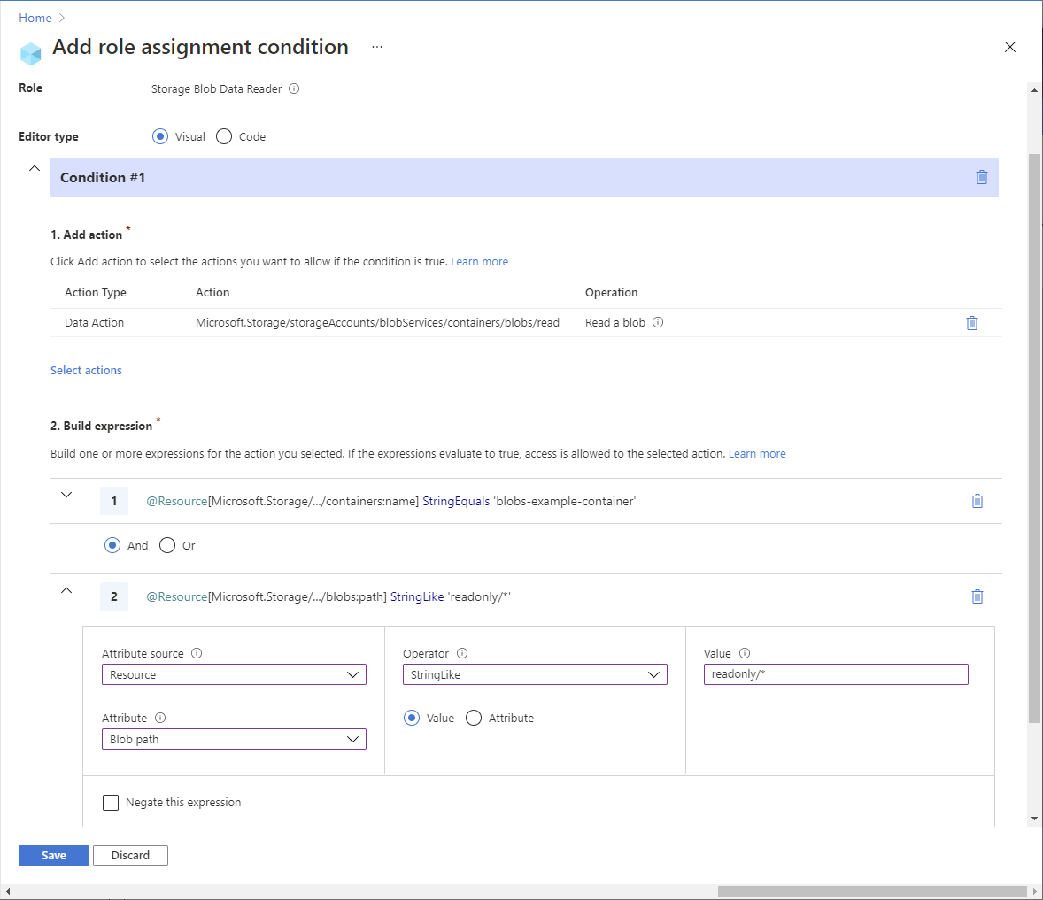 Azure 门户中条件编辑器的屏幕截图,显示了使用路径对命名容器中的 Blob 进行读取访问。