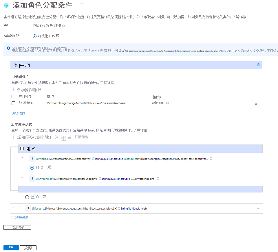 Azure 门户中条件编辑器的屏幕截图,其中显示了允许已标记用户通过特定专用终结点进行读取访问。