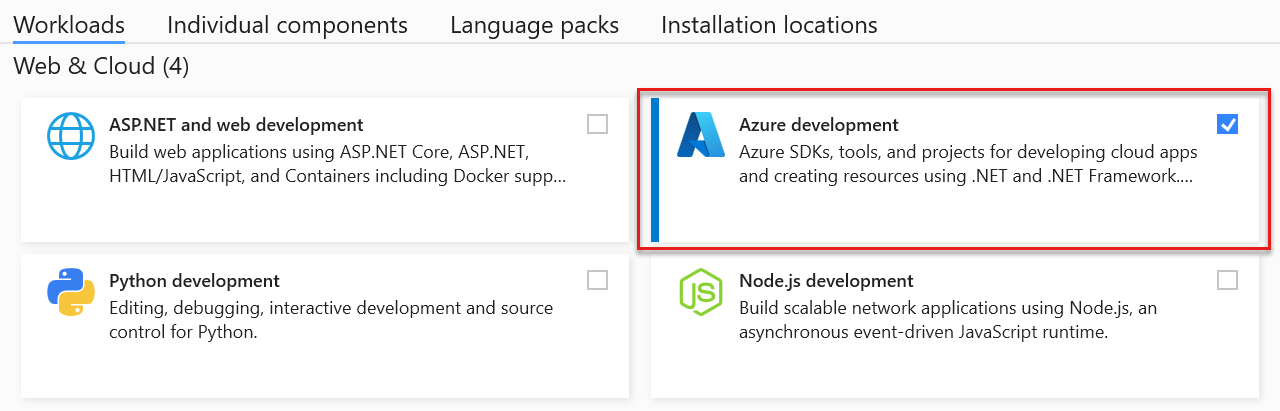 Visual Studio Azure 开发工作负载的屏幕截图(在 Web 和 云下)。