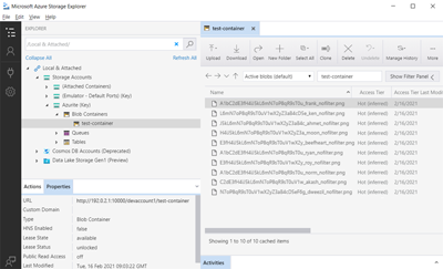 Azure 存储资源管理器的屏幕截图,其中显示了测试生成的文件。