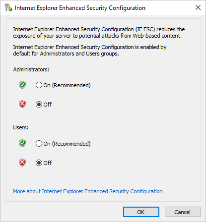 Internet Explorer 增强的安全配置对话框的屏幕截图,其中选择了“关闭”选项。