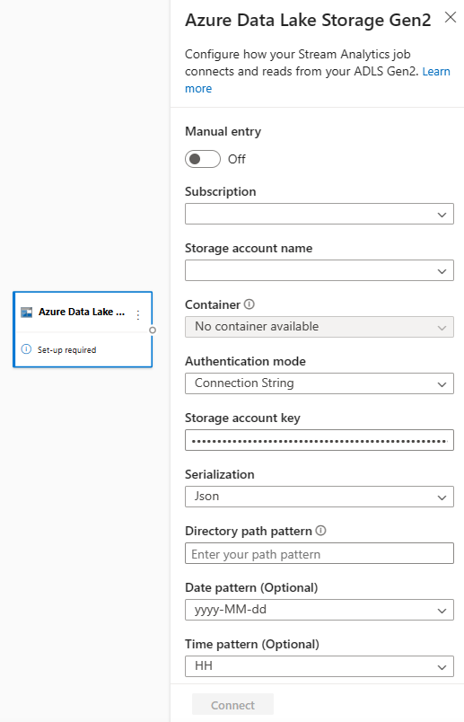 显示 Azure Data Lake Storage Gen2 输入配置的屏幕截图。
