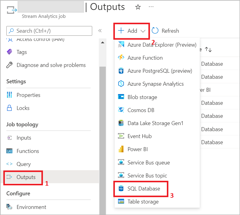 显示流分析中 SQL DB 输出的屏幕截图。