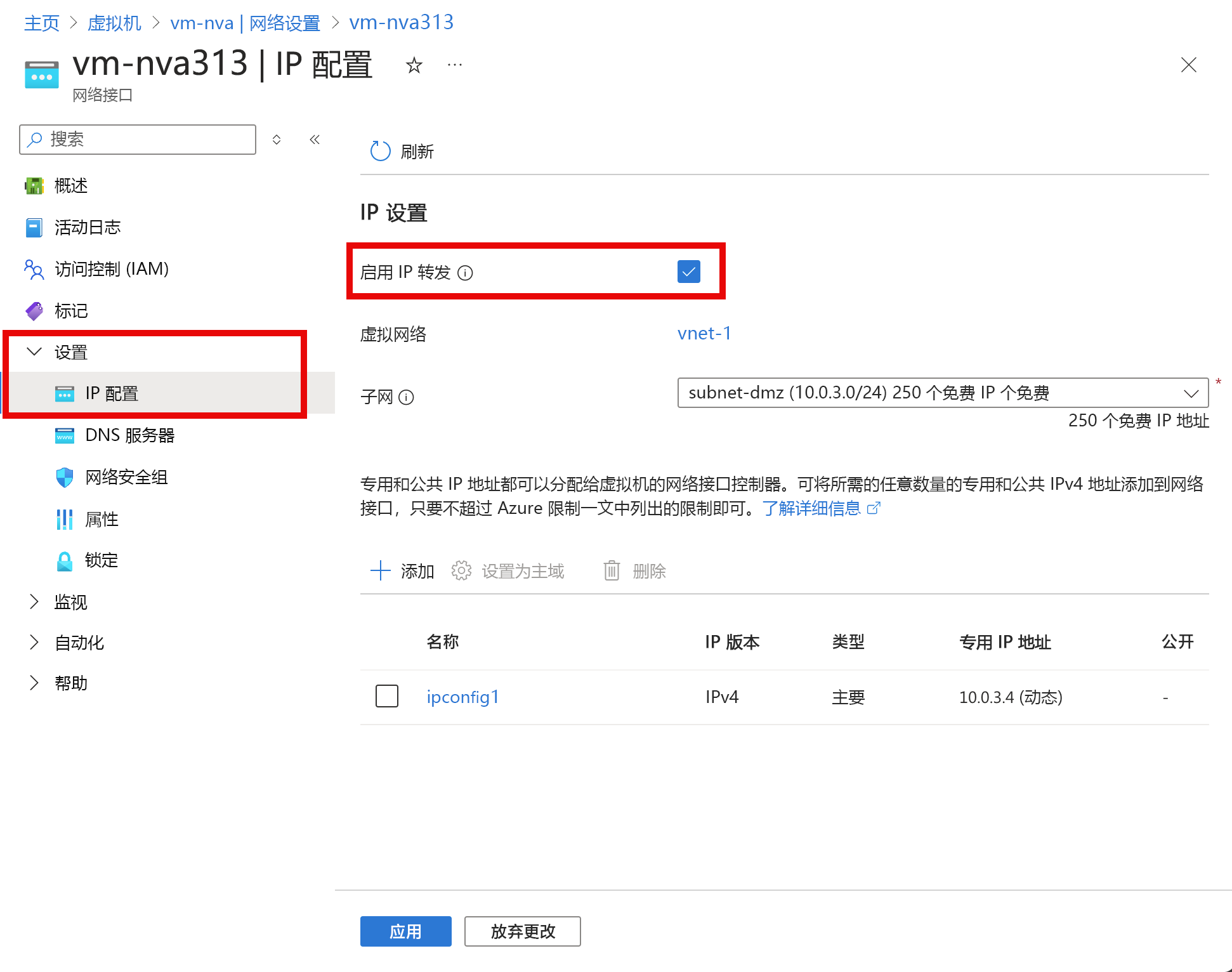 显示启用 IP 转发的屏幕截图。