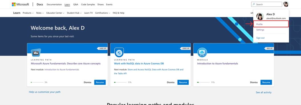 Microsoft Learn 网页,其中显示了“Learn 个人资料照片头像”中的下拉菜单,其中突出显示了“个人资料”选择。