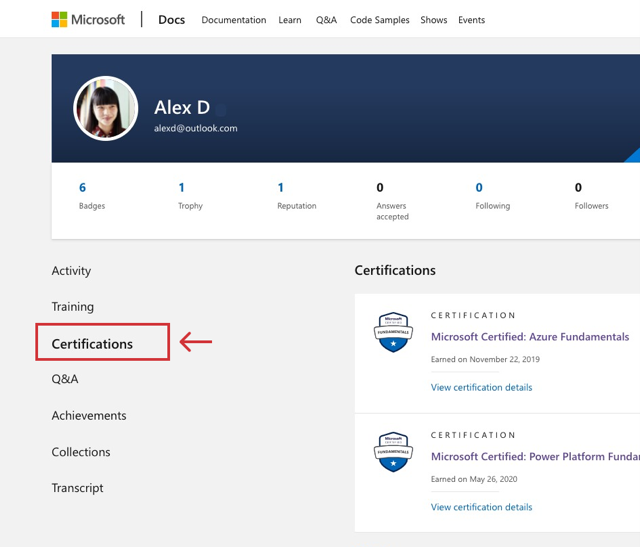 Microsoft Learn个人资料页面,在导航中突出显示“认证”选项卡。