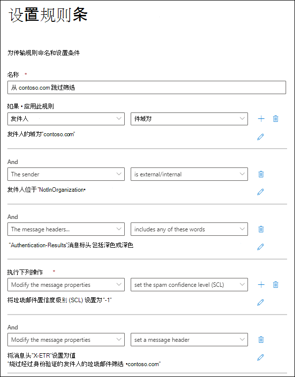 新 EAC 中绕过垃圾邮件筛选的邮件流规则设置示例。