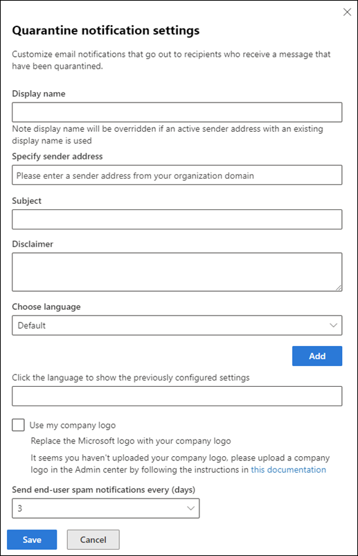 Microsoft Defender门户中的隔离通知设置浮出控件。