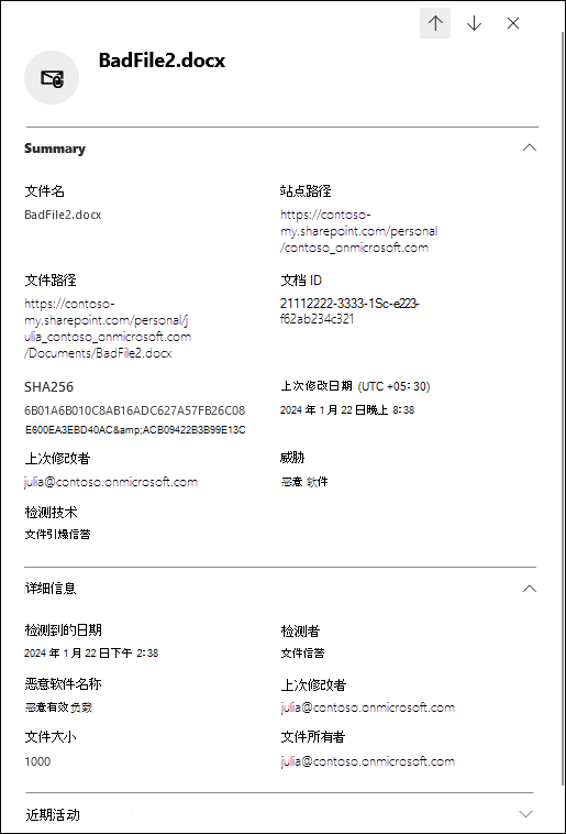 “文档”视图中的详细信息浮出控件的屏幕截图,其中显示了威胁资源管理器和实时检测中“内容恶意软件”视图的详细信息区域。