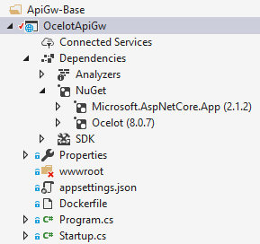 解决方案资源管理器的屏幕截图,其中显示了 Ocelot API 网关项目。