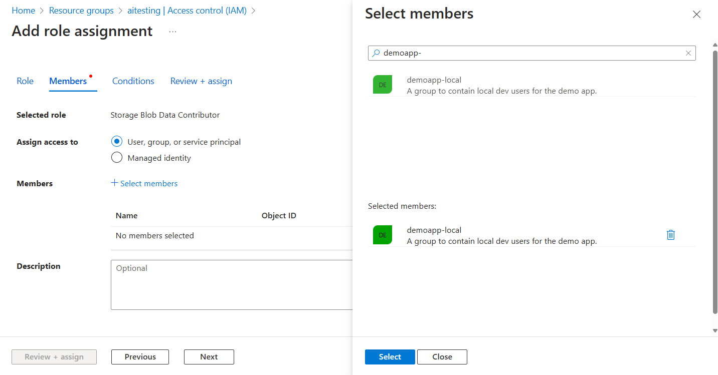 显示如何将角色分配给 Microsoft Entra 组的屏幕截图。