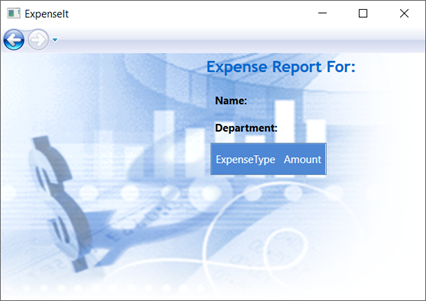 ExpenseIt 示例屏幕截图,其中显示了刚刚为 ExpenseReportPage 创建的 UI。
