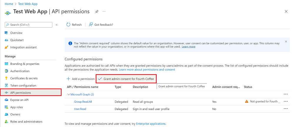 Microsoft Entra 管理中心中显式管理员同意的屏幕截图。