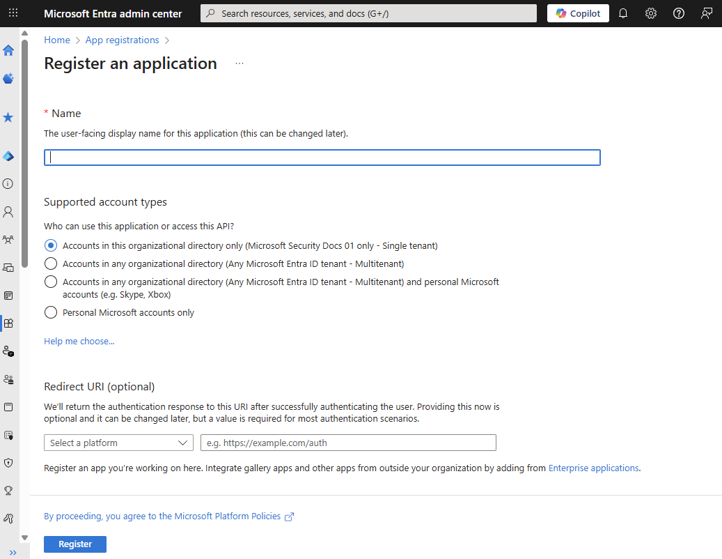 Web 浏览器中Microsoft Entra 管理中心的屏幕截图,其中显示了“注册应用程序”窗格。