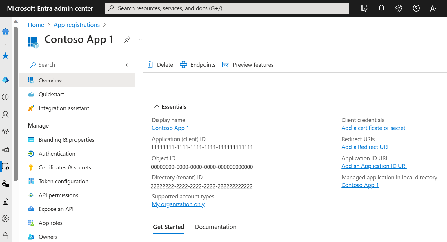 Web 浏览器中Microsoft Entra 管理中心的屏幕截图,其中显示了应用注册的“概述”窗格。