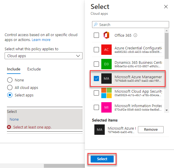 “条件访问”页的屏幕截图,你在其中选择了将应用新策略的 Windows Azure 服务管理 API 应用。