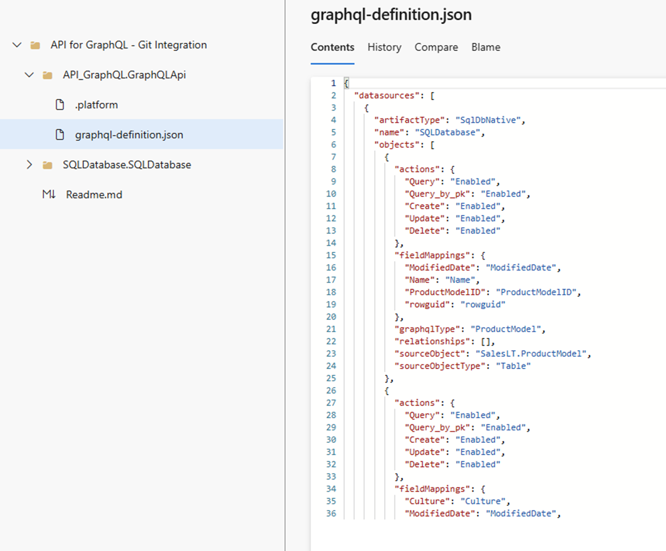 Git 中存储的用于 GraphQL 定义的 API 的屏幕截图。