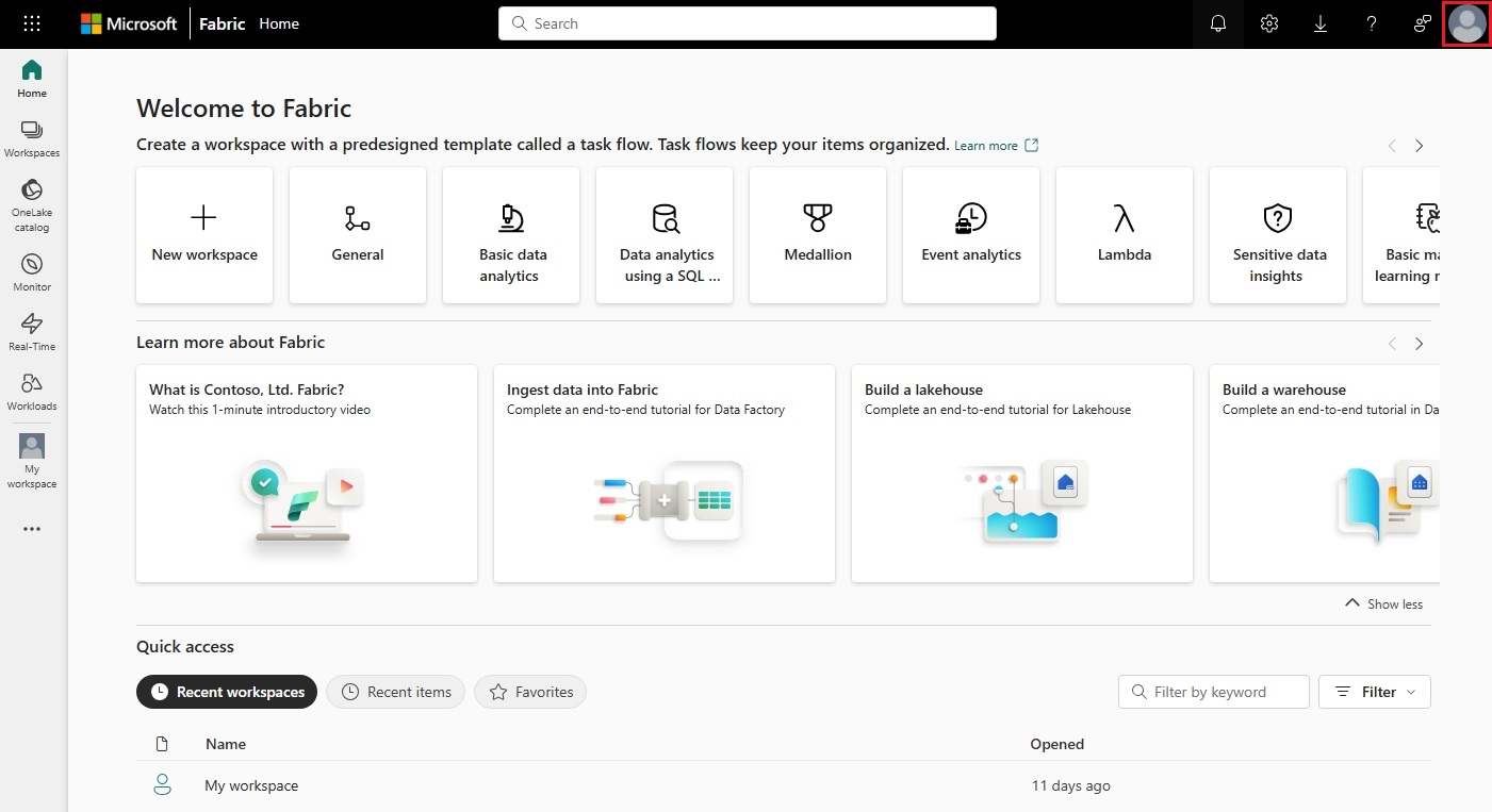 Microsoft Fabric 主页的屏幕截图,其中客户经理以红色显示。