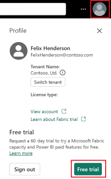 Microsoft Fabric 帐户管理器的屏幕截图。