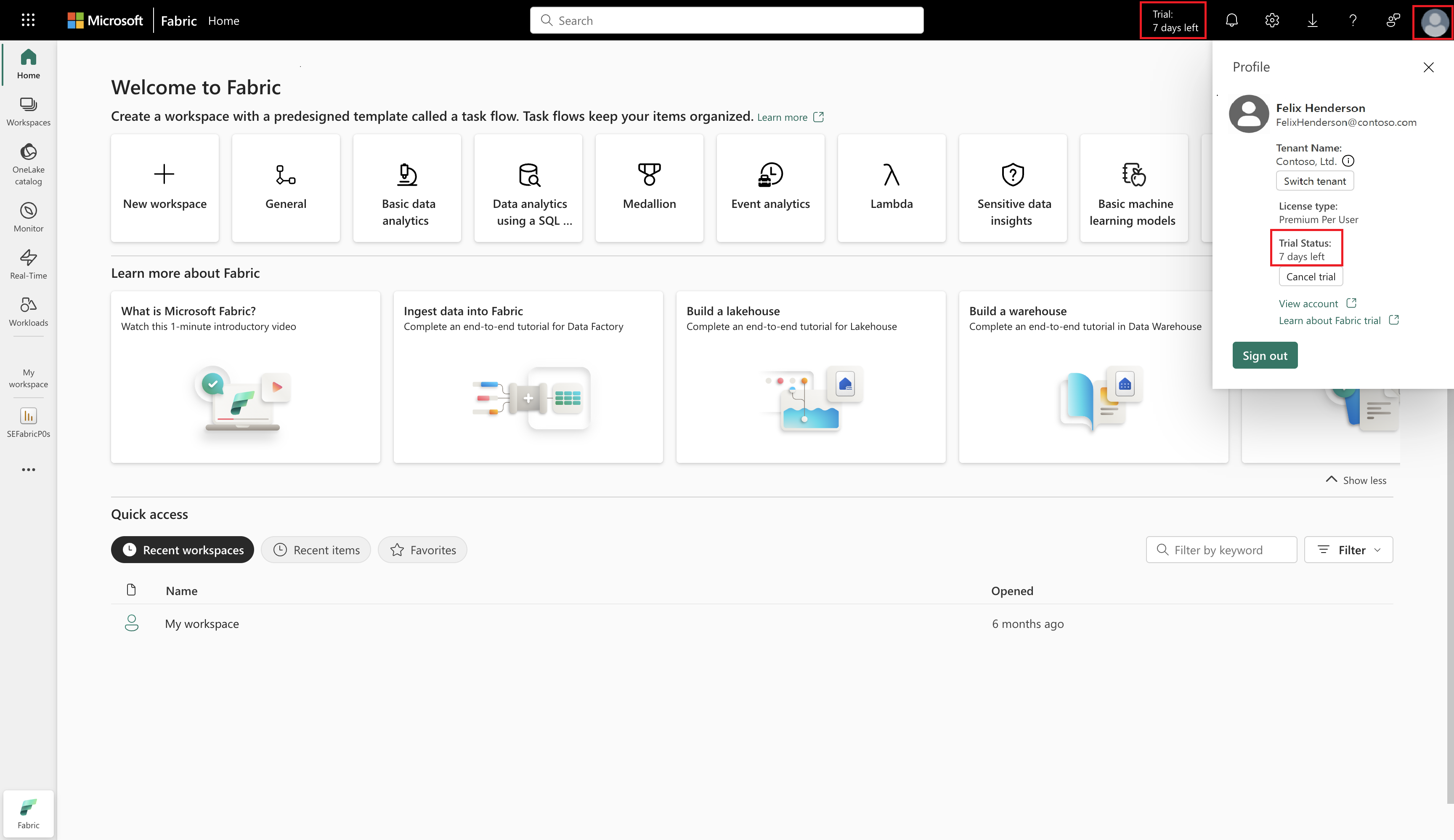 Microsoft Fabric 试用状态的屏幕截图。