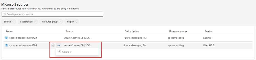 屏幕截图显示“Microsoft 源”页,其中包含用于显示 Cosmos DB CDC 和连接按钮的筛选器。