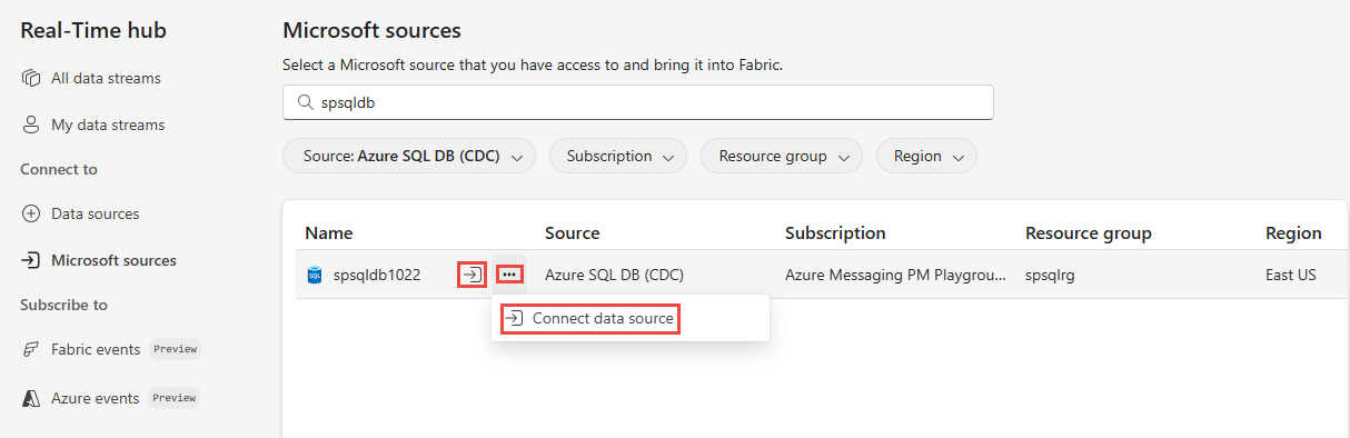 显示“Microsoft 源”页的屏幕截图,其中包含用于显示 SQL 数据库的筛选器和 Azure SQL 数据库的连接按钮。