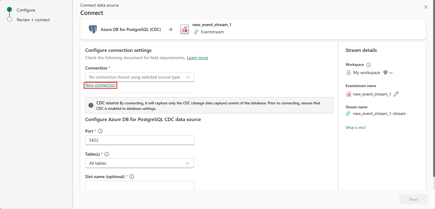 显示 Azure PostgreSQL 数据库的“连接”页的屏幕截图,其中突出显示了“新建连接”链接。