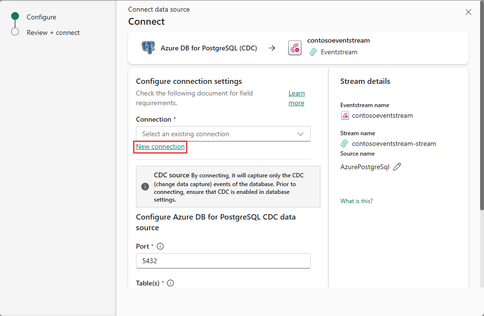 显示 Azure PostgreSQL 数据库的“连接”页的屏幕截图,其中突出显示了“新建连接”链接。