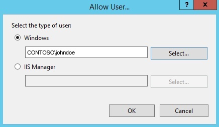 “允许用户”对话框的屏幕截图。已选择 Windows。在 Windows 框中,有文本 C O N T O S O 反斜杠 john doe。可以在底部找到 O K 按钮。