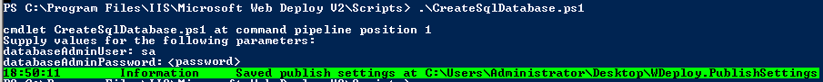 Powershell 控制台的屏幕截图,其中包含用于创建数据库的脚本。