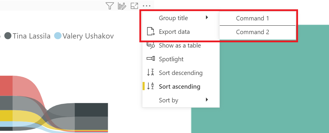 屏幕截图,显示 Power BI 视觉对象,其中两个命令在新子菜单下添加。
