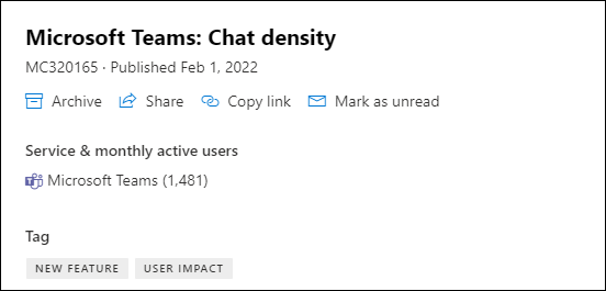 屏幕截图:显示消息中心帖子中的Microsoft Teams 聊天密度页面,其中包含每月活动用户数据