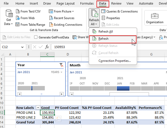 显示从“数据”选项卡刷新所有数据的屏幕截图。