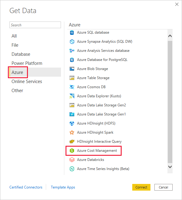 “获取数据”对话框的屏幕截图,其中突出显示了用于连接到 Azure 成本管理的选项。