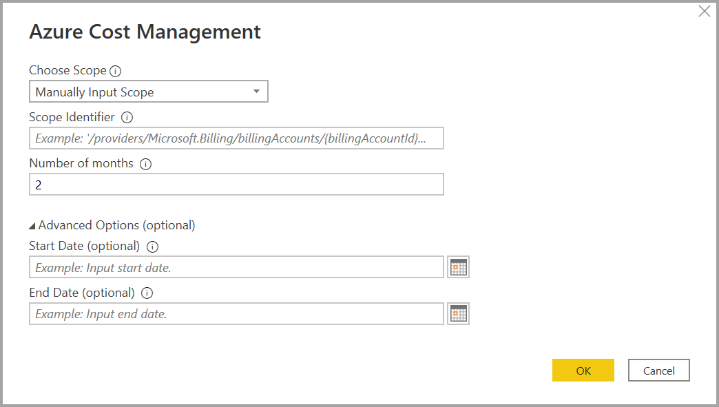 Azure 成本管理对话框的屏幕截图,其中输入了月数。