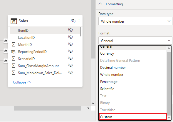 “建模”视图中 Power BI Desktop 的屏幕截图,其中突出显示了“格式”下拉菜单中的“自定义”。