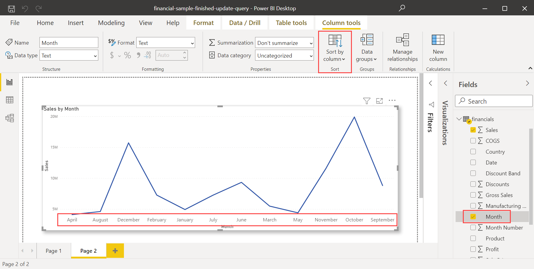 包含月份的 Power BI Desktop 图表的屏幕截图。“列工具”选项卡处于活动状态,并突出显示了“按列排序”按钮。