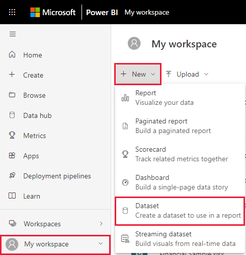 Power BI 服务的屏幕截图，其中突出显示了“新建”和“语义”模型。