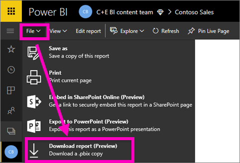 Power BI 服务中文件菜单的屏幕截图,其中突出显示了“下载 PBIX 文件”选项。