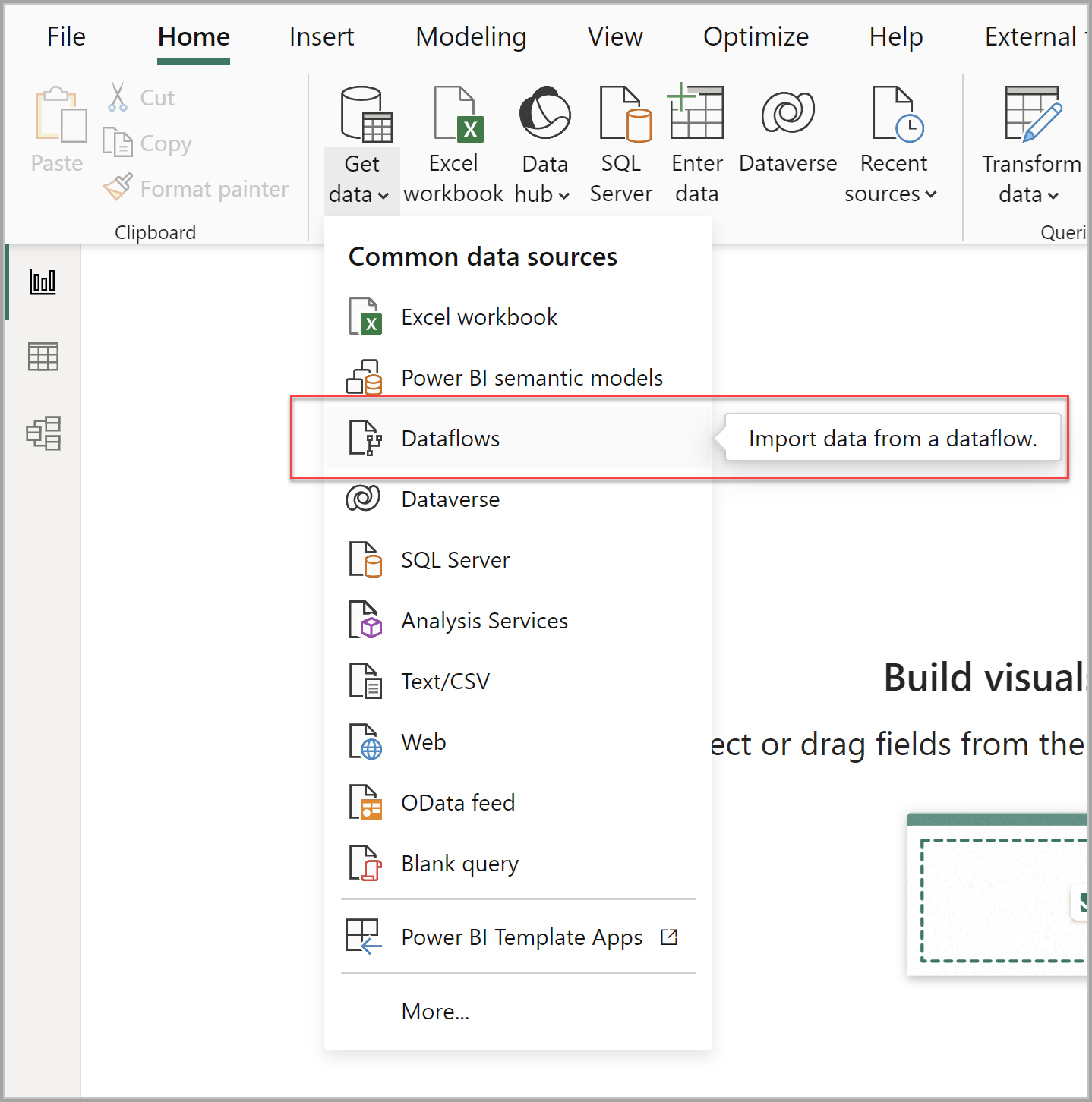Power BI Desktop 的屏幕截图,“获取数据”下拉列表中突出显示了“数据流”选项。