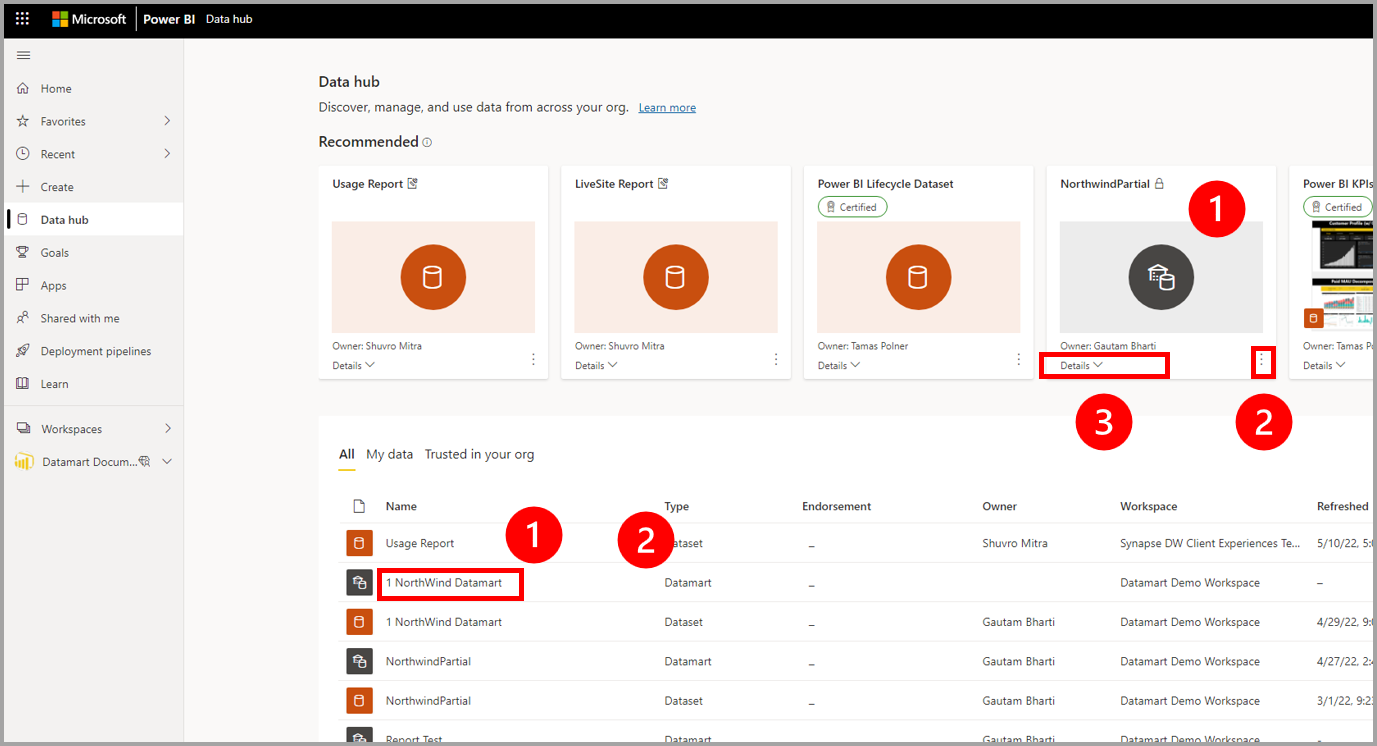 如何在 Power BI 服务中查找数据市场的屏幕截图。