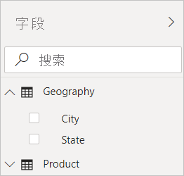 Power BI Desktop 的屏幕截图,其中显示了“字段”视图中的“地理位置”筛选器。