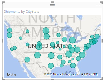 Power BI Desktop 的屏幕截图,其中显示了地图视觉对象中表示的数据。