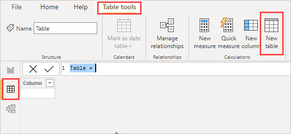 Power BI Desktop 菜单功能区的屏幕截图,其中突出显示了“表工具”、“新建表”和“表”视图。