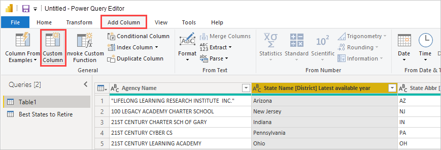 Power Query 编辑器的屏幕截图,其中突出显示了“添加列”选项卡上的“自定义列”按钮。
