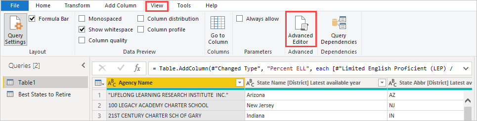 Power Query 编辑器的屏幕截图,其中突出显示了“视图”选项卡上的“高级编辑器”按钮。