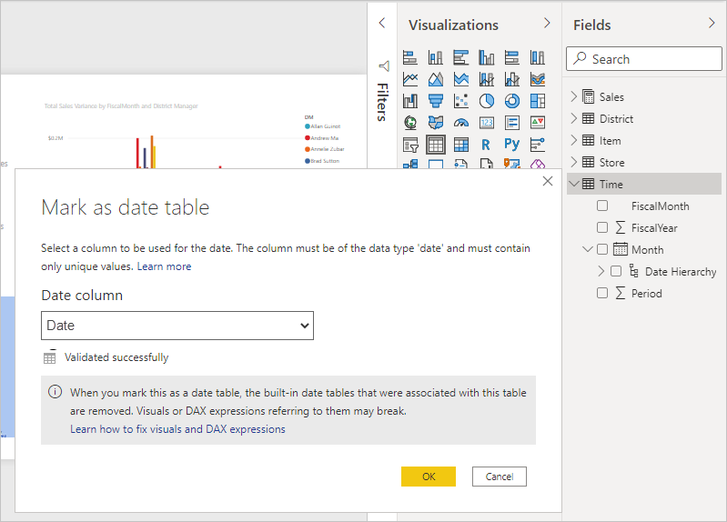 Power BI Desktop 的屏幕截图,其中显示了“标记为日期表”对话框。