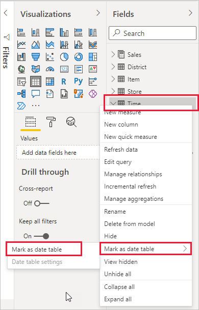 Power BI Desktop 的屏幕截图,其中显示了“字段”窗格中的“标记为日期表”筛选器选项。