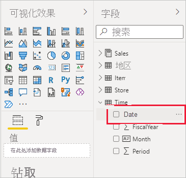 Power BI Desktop 的屏幕截图,其中显示了“字段”窗格中的“日期”筛选器。